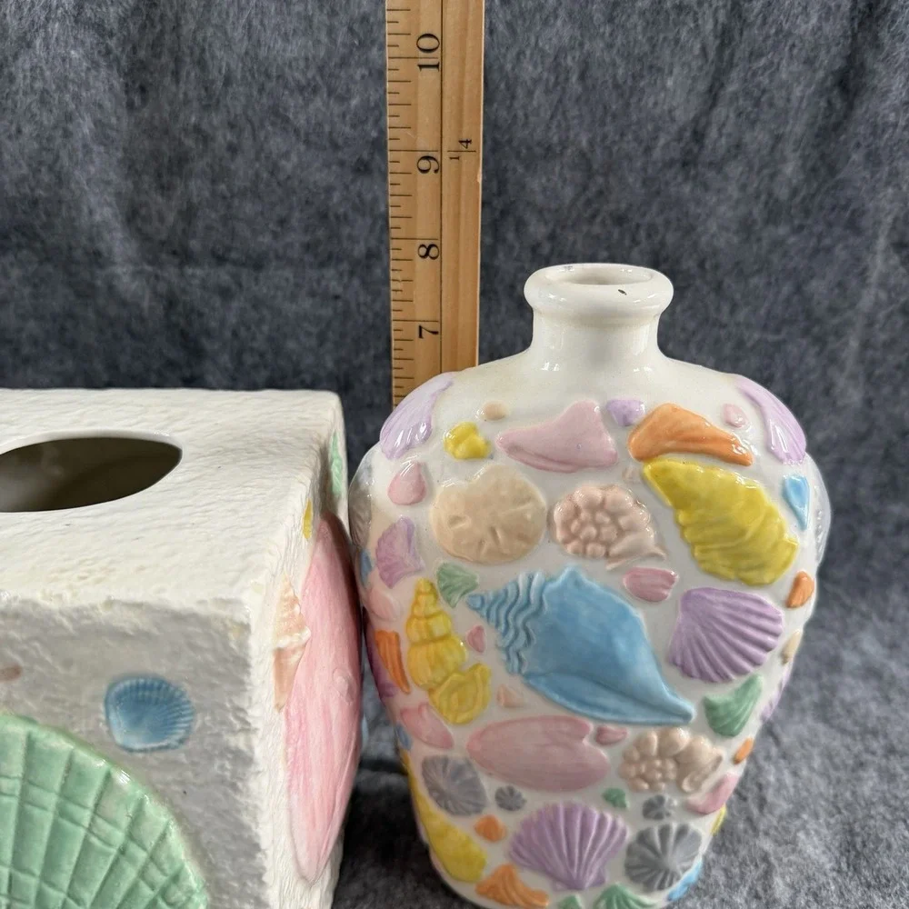 Tissue Box Cover Vase Ceramic Starfish Sea Shells Ocean Beach House Costal MCM